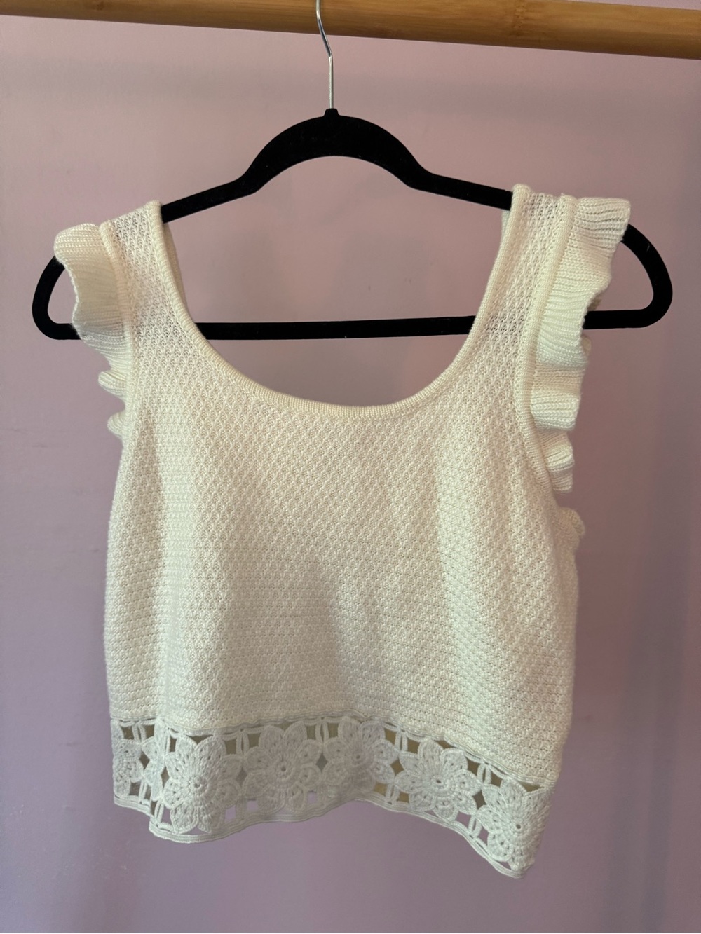 Cream Crochet-Hem Ruffle Sleeve Crop Top